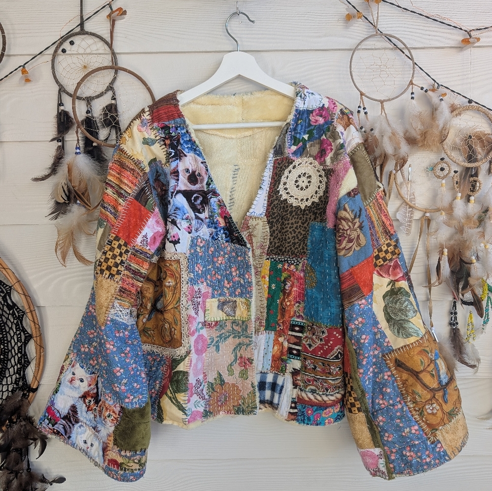 Handmade Boho Hippie Handstitched Patchwork Jacket Upcycled Appliqué Oversized - Picture 2 of 14